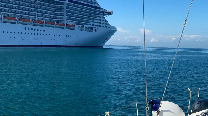 View from on board towards a cruise ship near Trieste