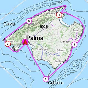 Seekarte mit Törnplan für die Rund Mallorca Segelreise